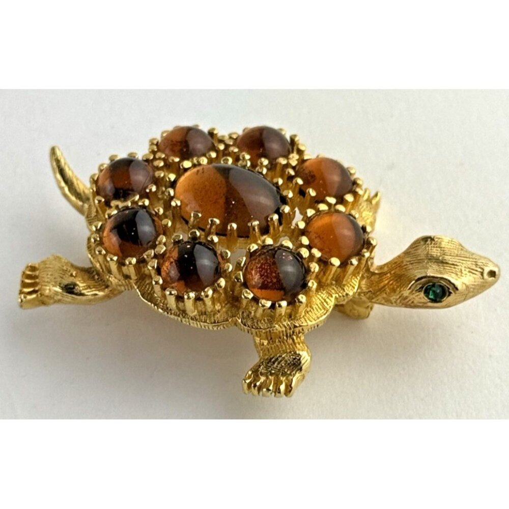 De Nicola Turtle Brooch Root Beer Rhinestones Vintage Complete Pretty